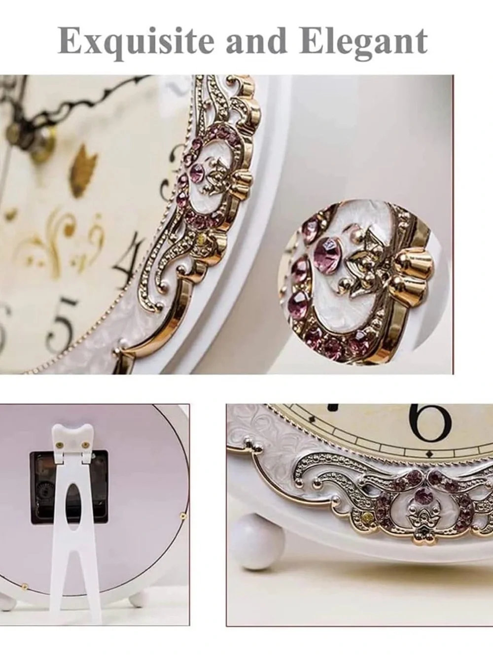 Vintage Style Floral Table or Wall Clock White Gold Ornate Desk Clock 8.5in